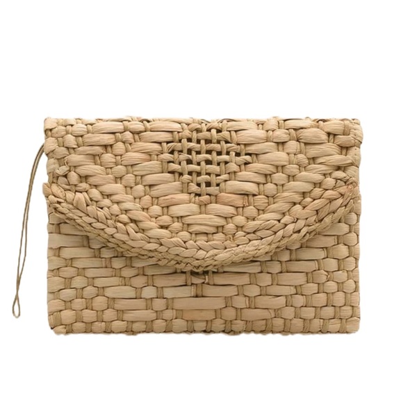 BOHO GYPSY STRAW WOVEN TAN BAG CLUTCH WRISTLET - Picture 2 of 8